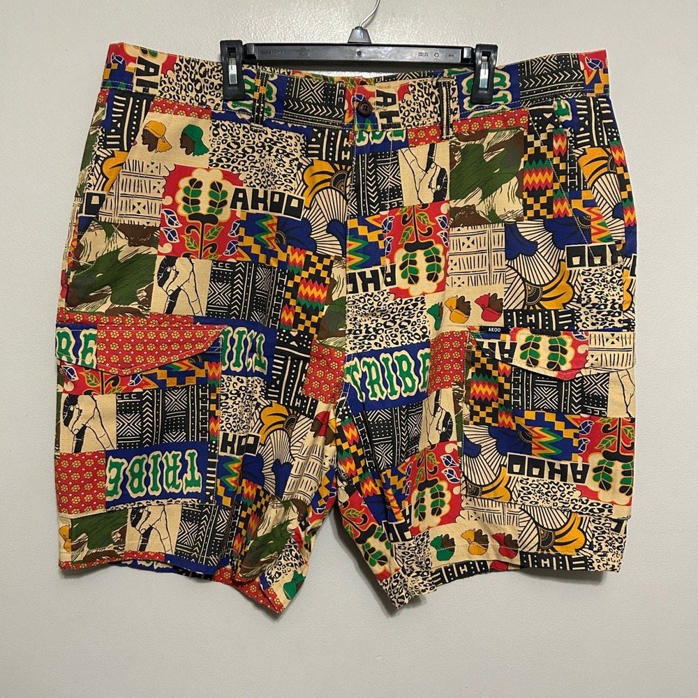 AKOO Cargo Shorts Mens 42 Multi Color Patchwork Tribal Graphic